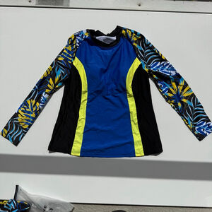 Women's Unbranded Rashguard M Black Blue Yellow Leaf Print Swim Set